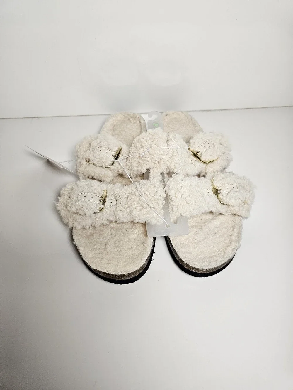 Auden Faux Fur Double Strap Buckle Slippers - Cream - Women's Size 10 - NWT